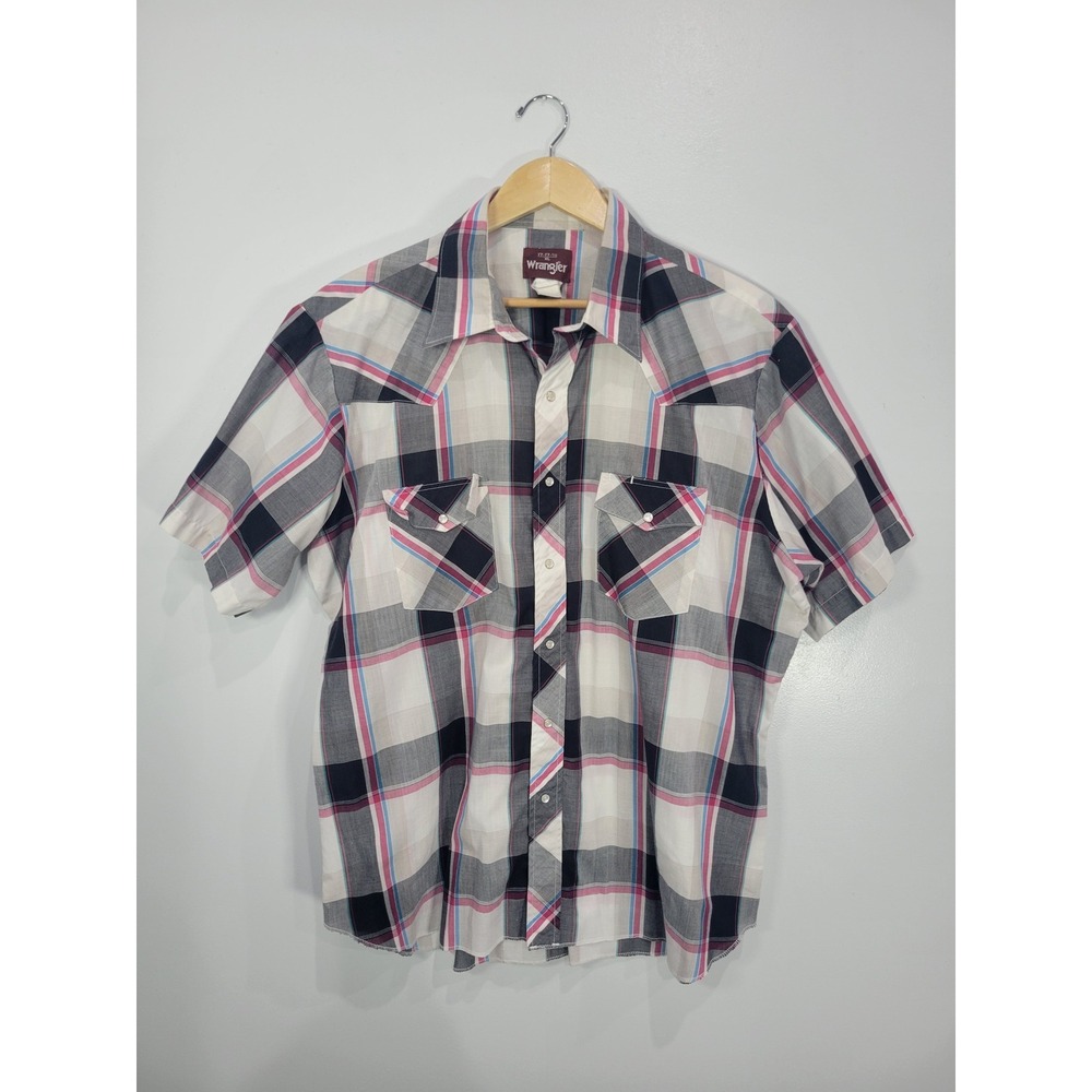 Vtg Wrangler Mens XL Western Snap Shirt Plaid Short Sleeve Pink Blue White Black